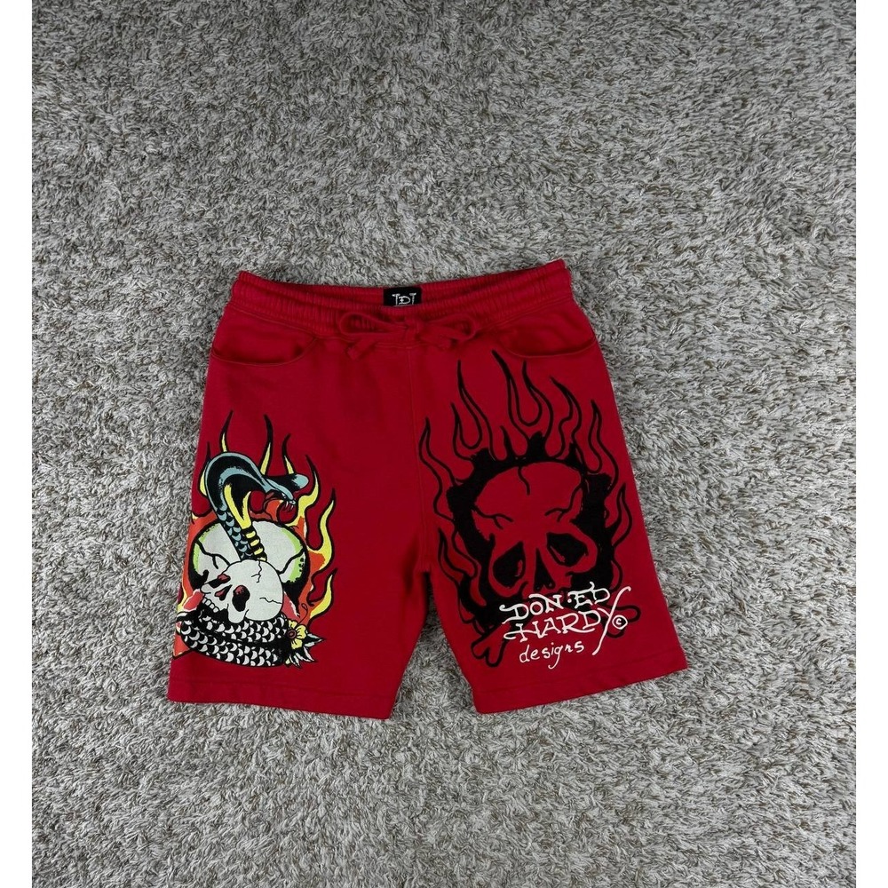 Ed Hardy Flame Cobra Fleece Shorts Men's Small Red Skull Dragon